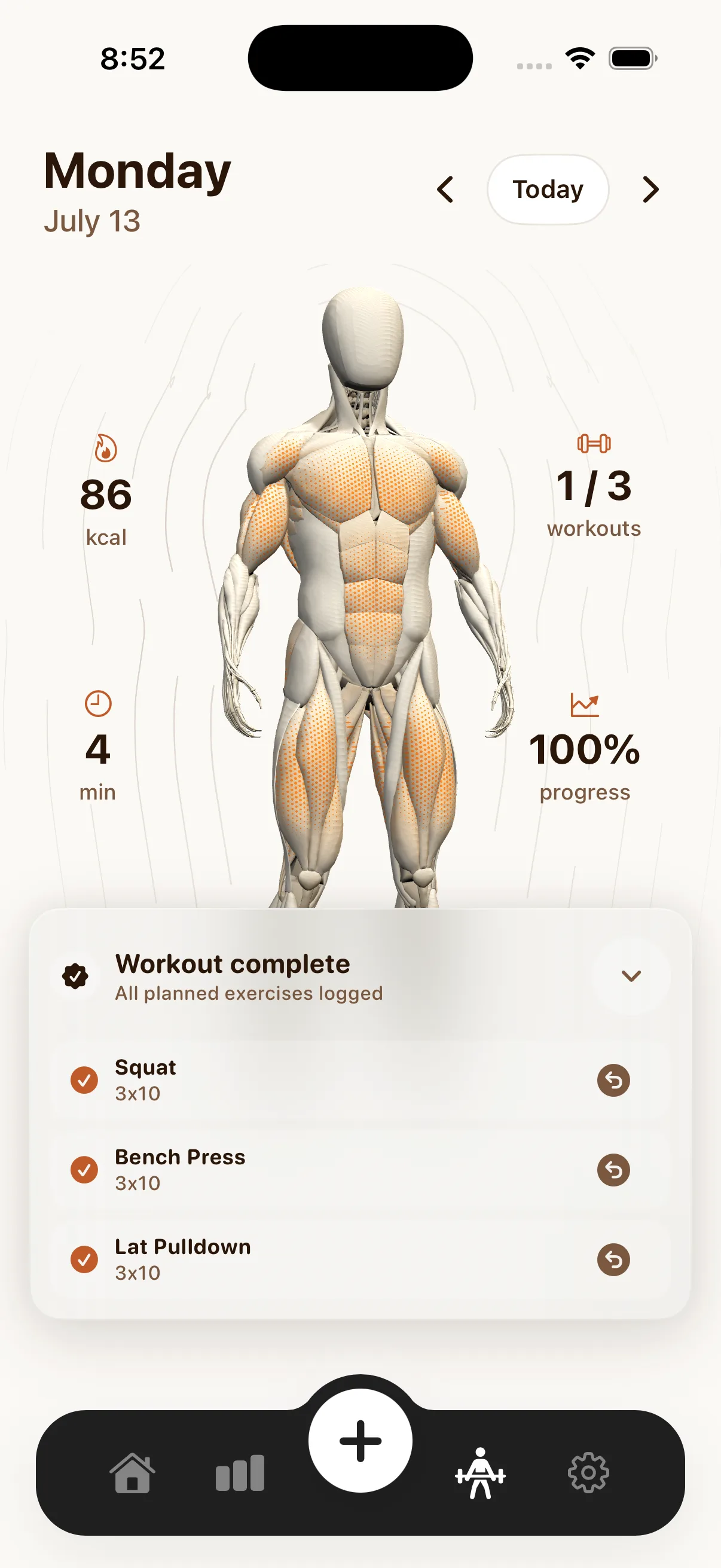 LazyCal workout complete card listing squat, bench press, and lat pulldown at three sets of ten, under the 3D anatomy model with trained muscles highlighted